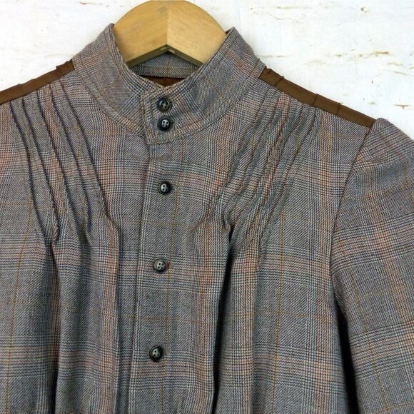 Free People Jacket Size 2 Brown Plaid Wool Button Pin Tuck Ruffle Back Military - Picture 4 of 13